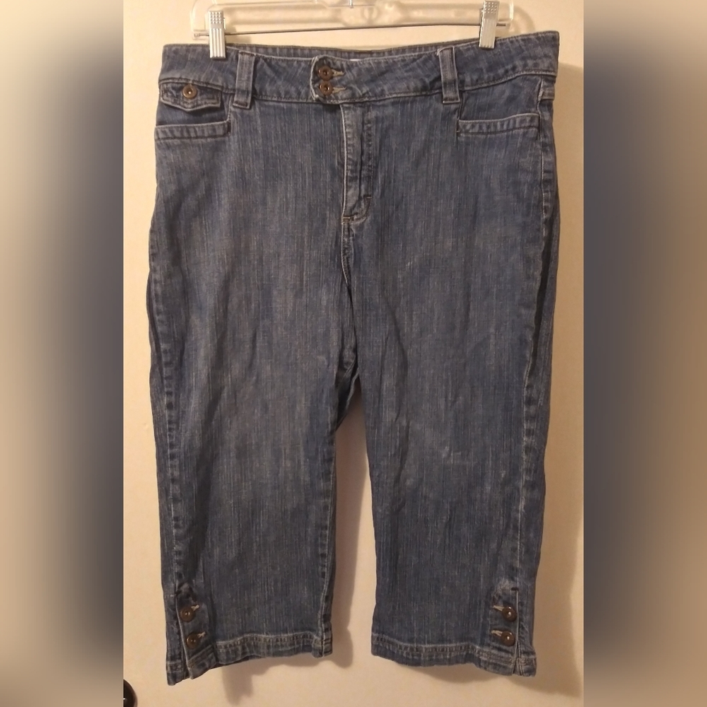 Lee Capris Womens 16M Blue Denim Button Leg Medium Wash Cropped Jeans Pants Y2K